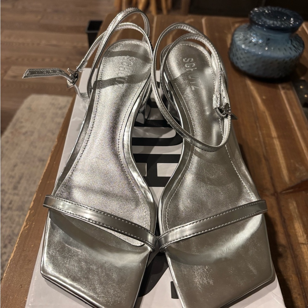 SCHUTZ Silver Strappy Sandals with Block Heel